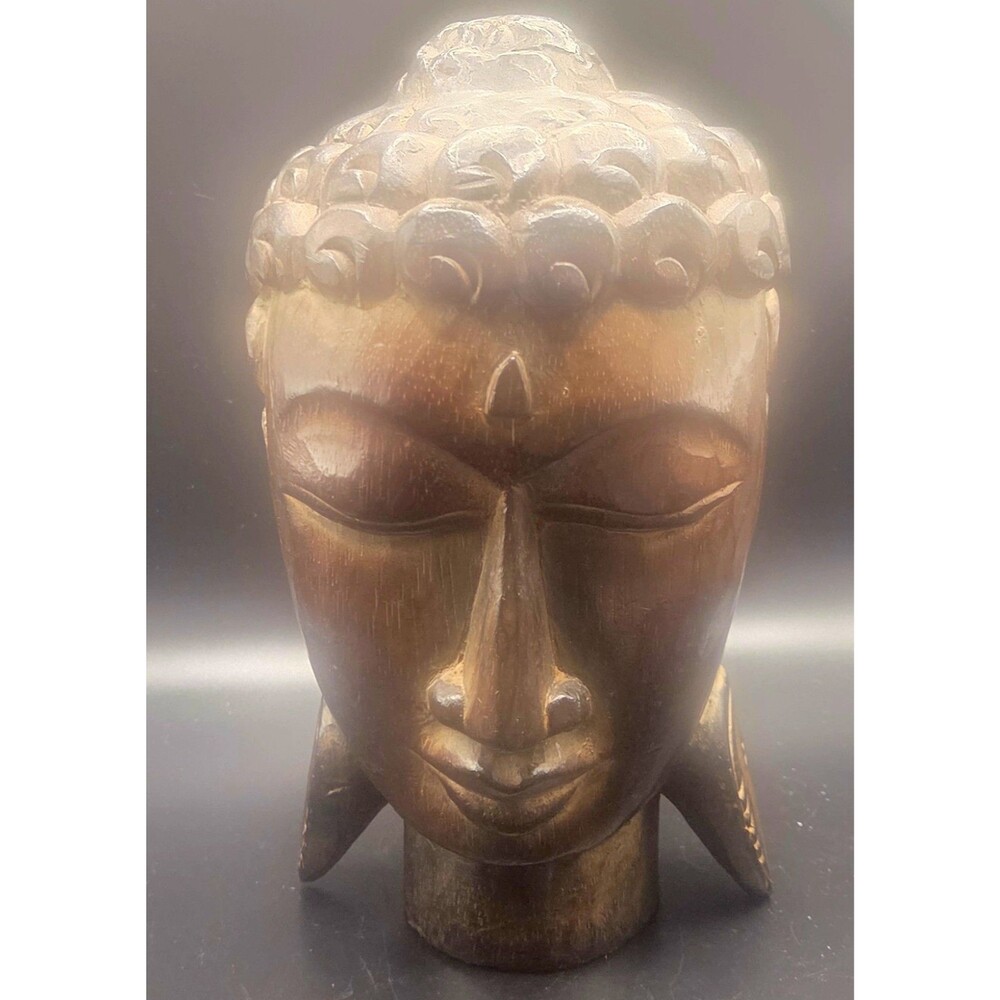 Hand Carved Buddha - Head Statue - Dark Wood - Made in Indonesia 10" x 5.5"